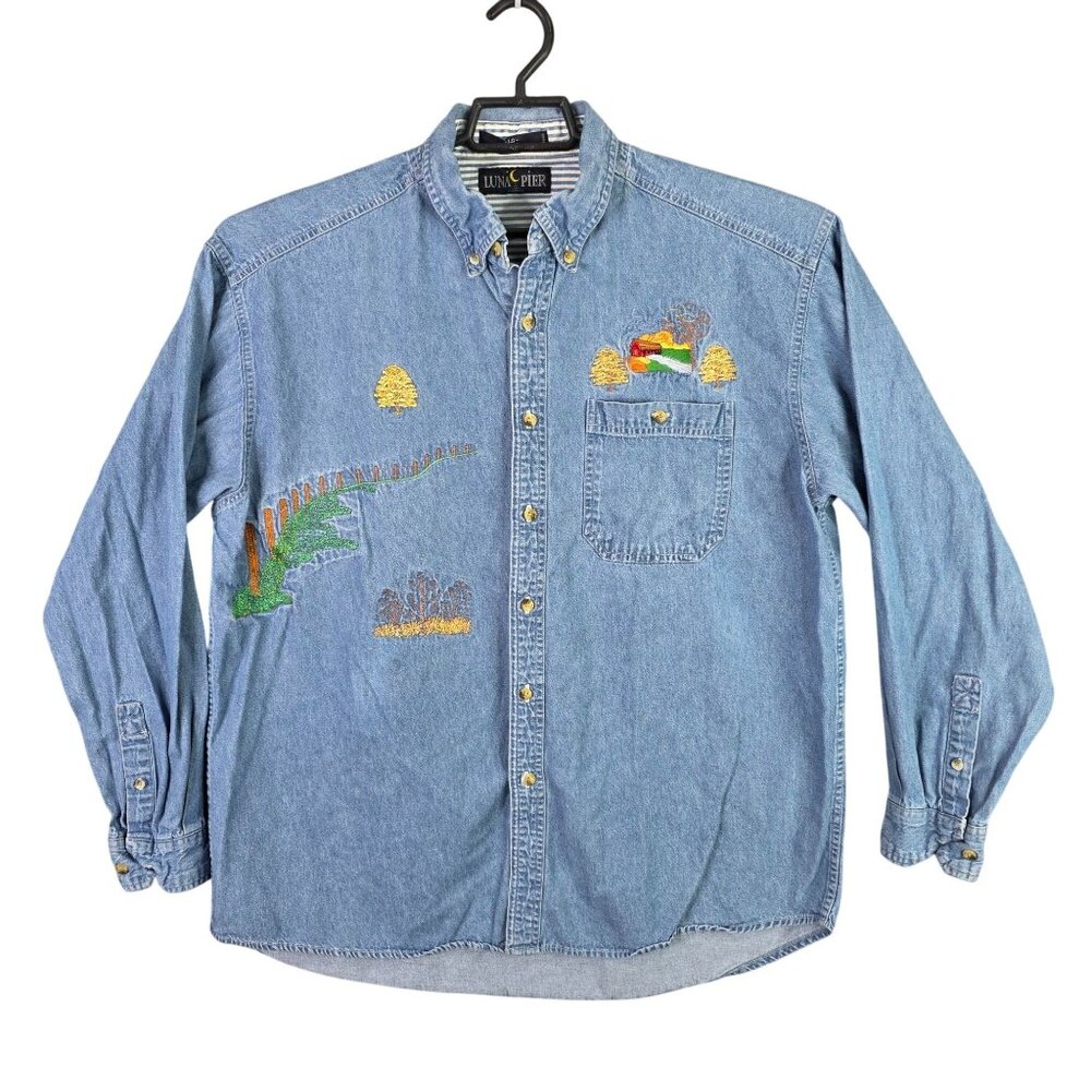 Womens Luna Pier Blue Denim Shirt Fall Farm Embroidered Button Up Long Sleeve L